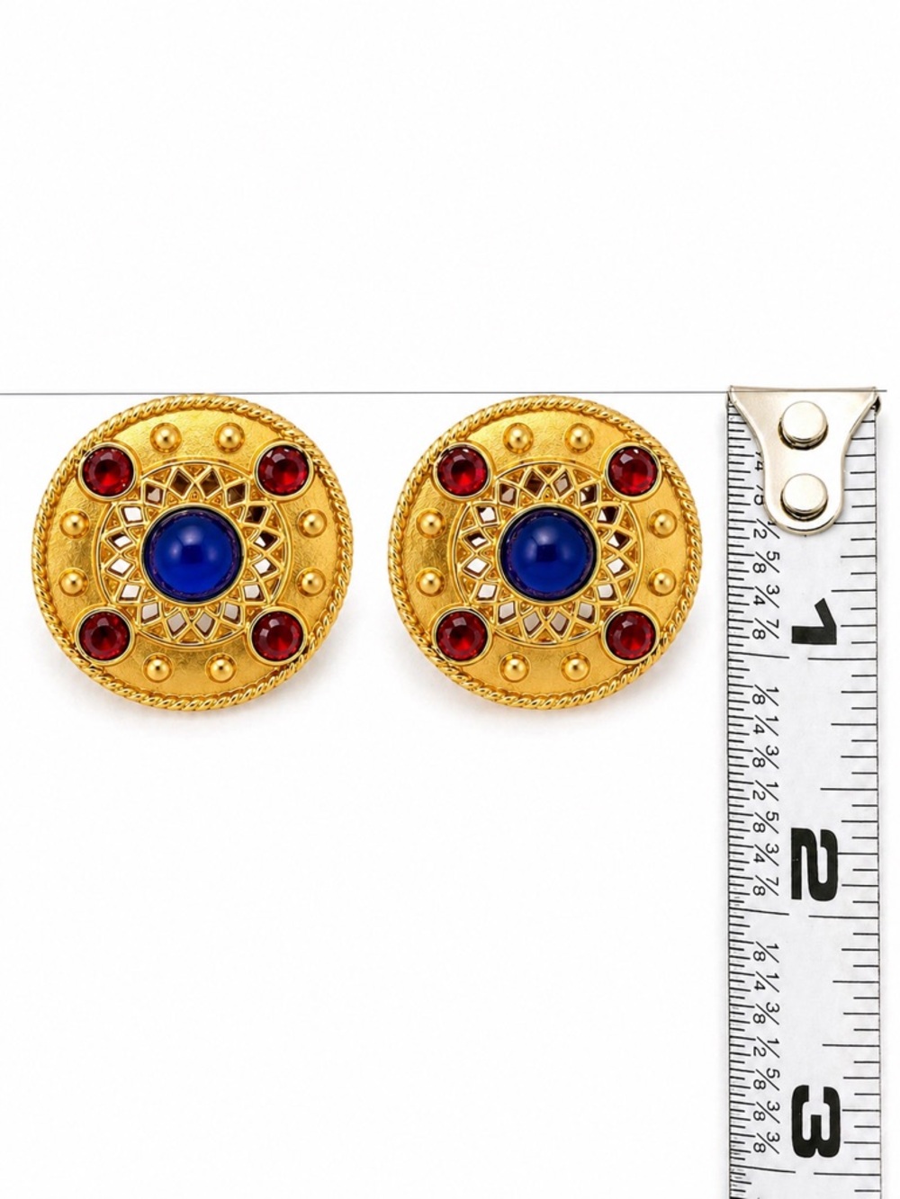 Vintage Style Gold Tone Statement Earrings Red Blue Cabochon Medallion Stud - Picture 6 of 7